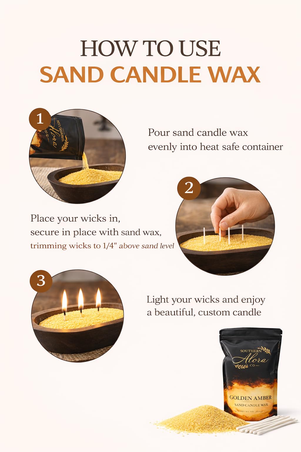 Candle Sand with 10 Wicks – 1 LB Refillable Candle Wax for DIY Candles, Wedding Centerpieces, Home Decor, Candle Making Kit, Candle Sand with Wicks – Golden Amber