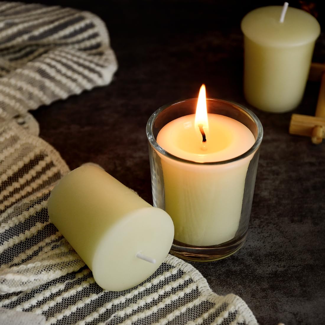 DEYBBY Ivory White Beeswax Votive Candles-6 Pack Natural Votives Set in Glass Jar for Home Room Decor Party Wedding Spa Gift,12 Hours Burn