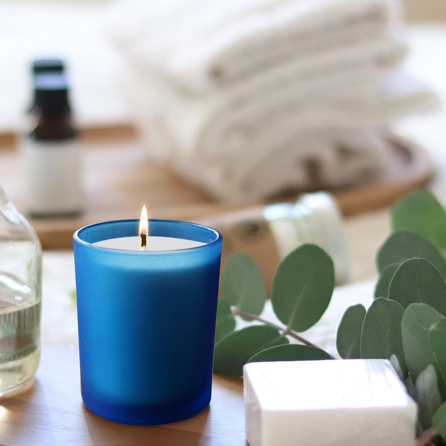 SHOWIN 10 OZ Thick Candle Jars for Making Candles 15 Pcs, Empty Jars with Wood Lids for Candle Making, Sample Container, Frosted Blue