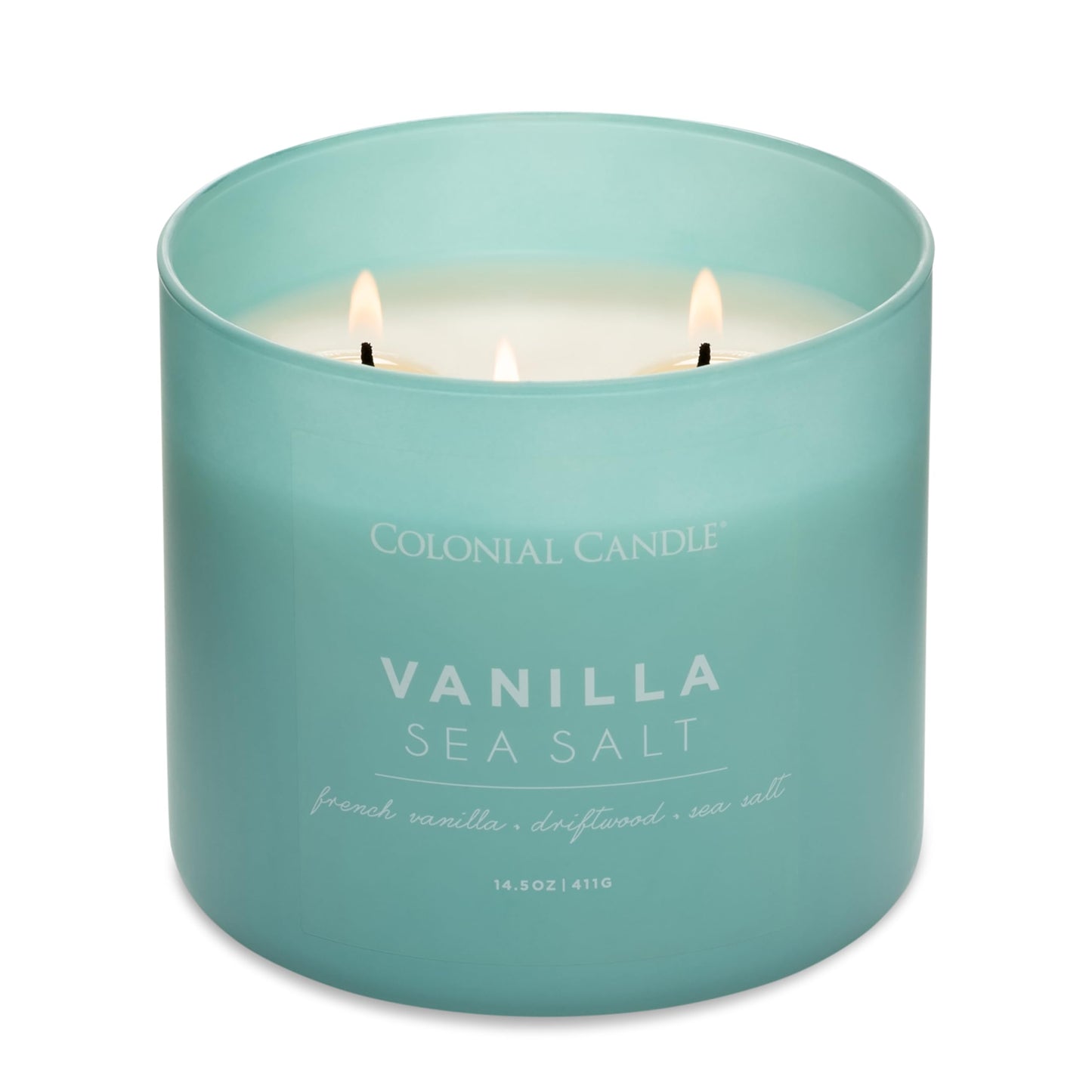 Colonial Candle Vanilla Sea Salt Scented Candle, Pop of Color Collection, 3 Wick, Blue, 14.5 oz - Up to 60 Hours Burn