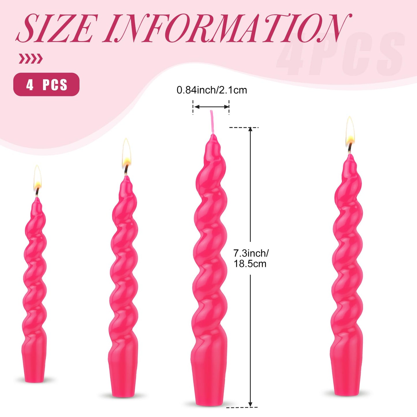 Zhengmy 4 Pcs Hot Pink Spiral Taper Candlestick 7 Inch Twisted Long Wax Dinner Candle for Valentines Wedding Birthday Anniversary Baby Shower Table Decor(Solid)