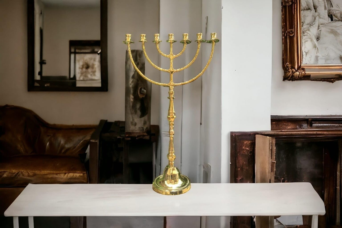 Giant Temple Menorah 7 Seven - Branch | 32-Inch (81cm) Solid Brass Candelabra | Large Gold Jewish Menora for Candles & Oil Cups