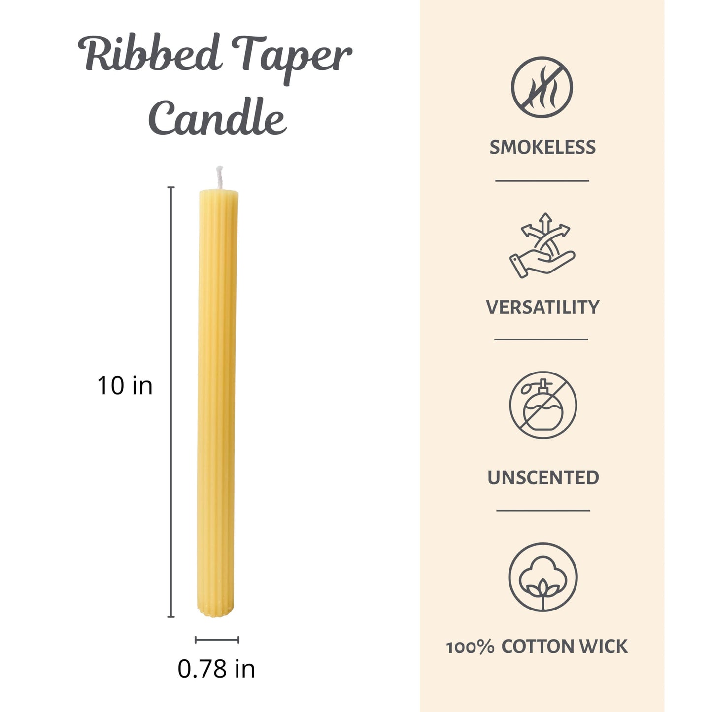 Ribbed Taper Candles 0.78x10 Inch 10 Pack Light Yellow – CW Studio Unscented Fluted Design, Up to 11 Hour Burn, Smokeless Dripless Hand-Poured Wax