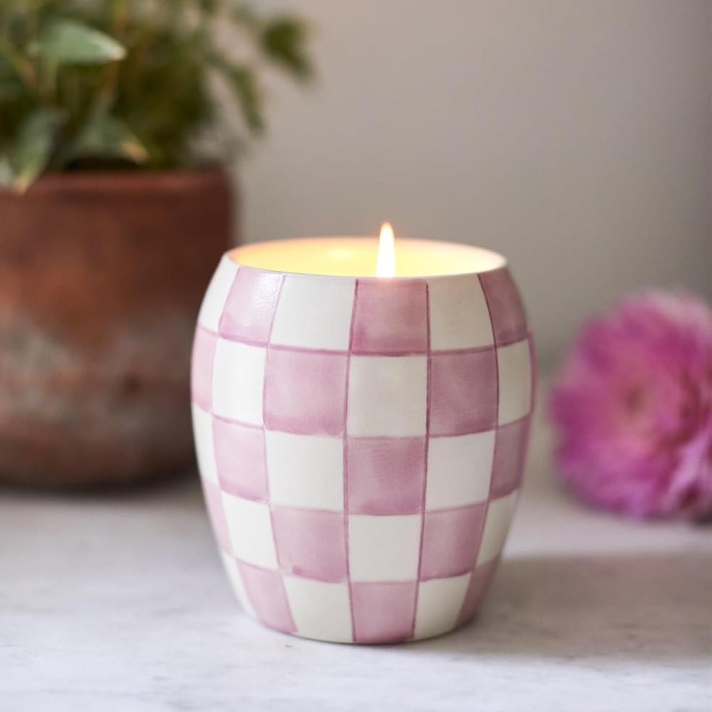 Paddywax Checkmate Hand Painted Scented Candle in Reusable Porcelain Jar, Clean-Burn Soy Candle with Approx. 55 Hour Burn Time, Decorative Gift Candles for Home, Lavender Mimosa, 11 oz