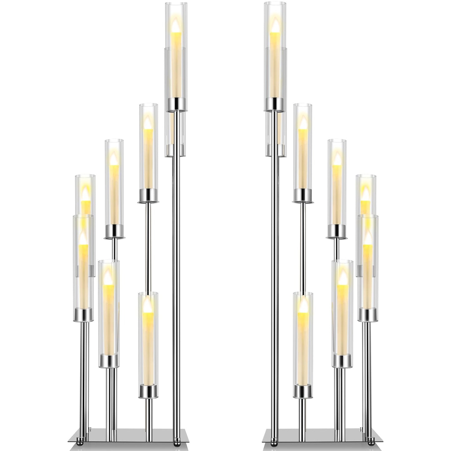 Dandat 41.5" Tall Floor Candelabras, 8-arm Cluster Standing Candle Holders with Clear Acrylic Shades, Silver Wedding Centerpiece Candelabra for Flameless/LED Taper Candles, Party & Event Decor(2 Pack)