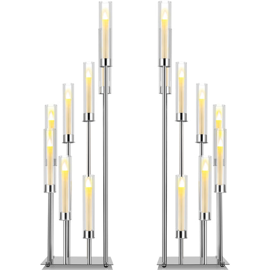 Dandat 41.5" Tall Floor Candelabras, 8-arm Cluster Standing Candle Holders with Clear Acrylic Shades, Silver Wedding Centerpiece Candelabra for Flameless/LED Taper Candles, Party & Event Decor(2 Pack)