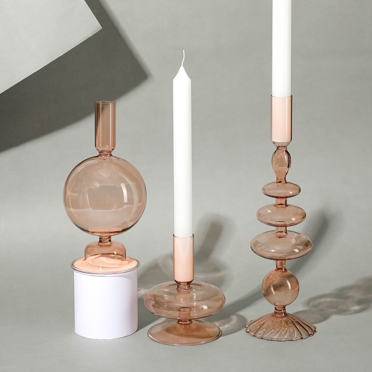 Rtteri 3 Pcs Glass Candlestick Holders Glass Candle Holders Groovy Wavy Elegant Taper Candle Stick for Wedding Home Birthday Party Easter St Patricks Day Decoration Windowsill Decor(Light Brown)