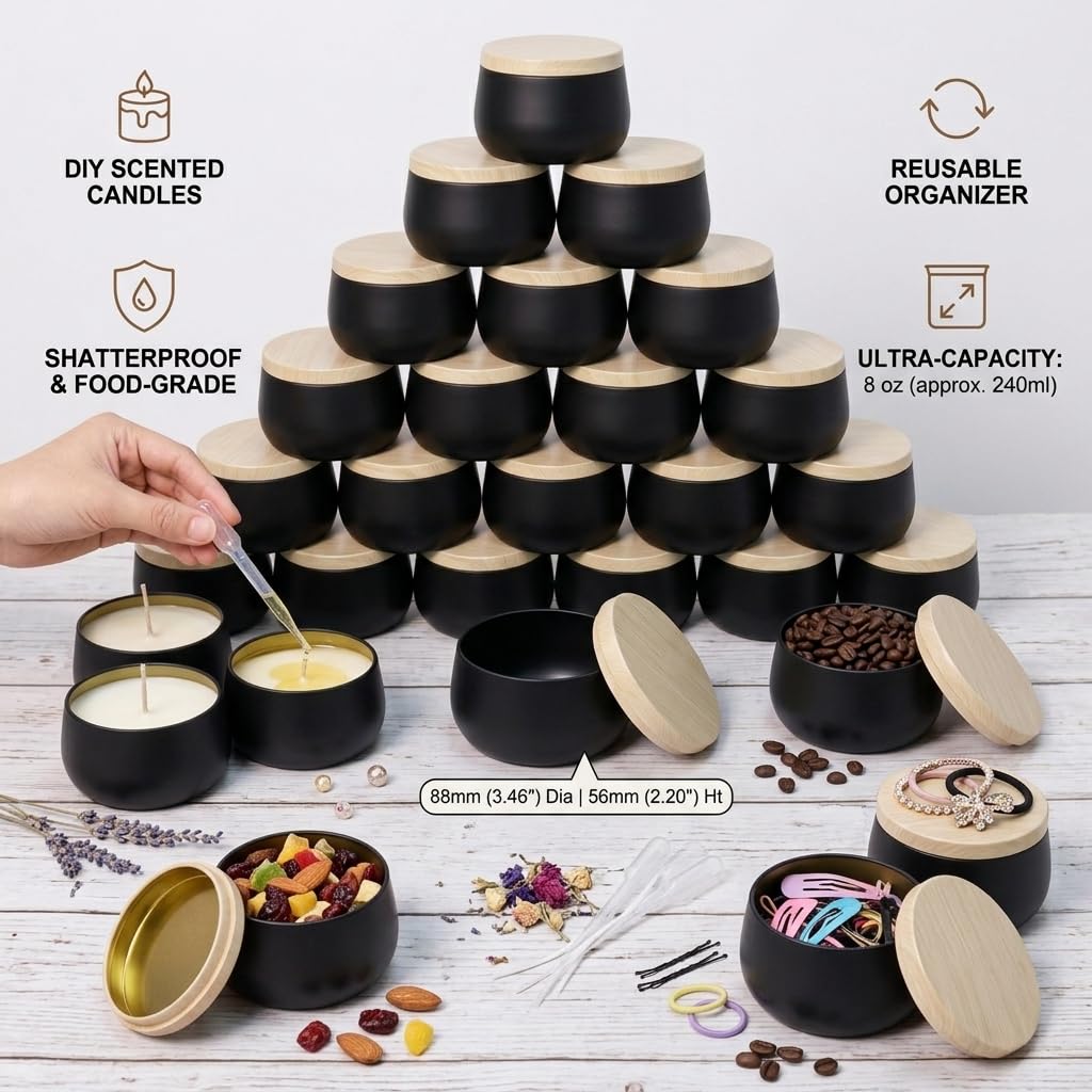 24 Pack 8 oz Candle Tins, Matte Black Metal Candle Jars with Wood Grain Lids, Empty Candle Containers Bulk for Candle Making Supplies, DIY Crafts, Storage & Gifts, Shatterproof Travel Vessels