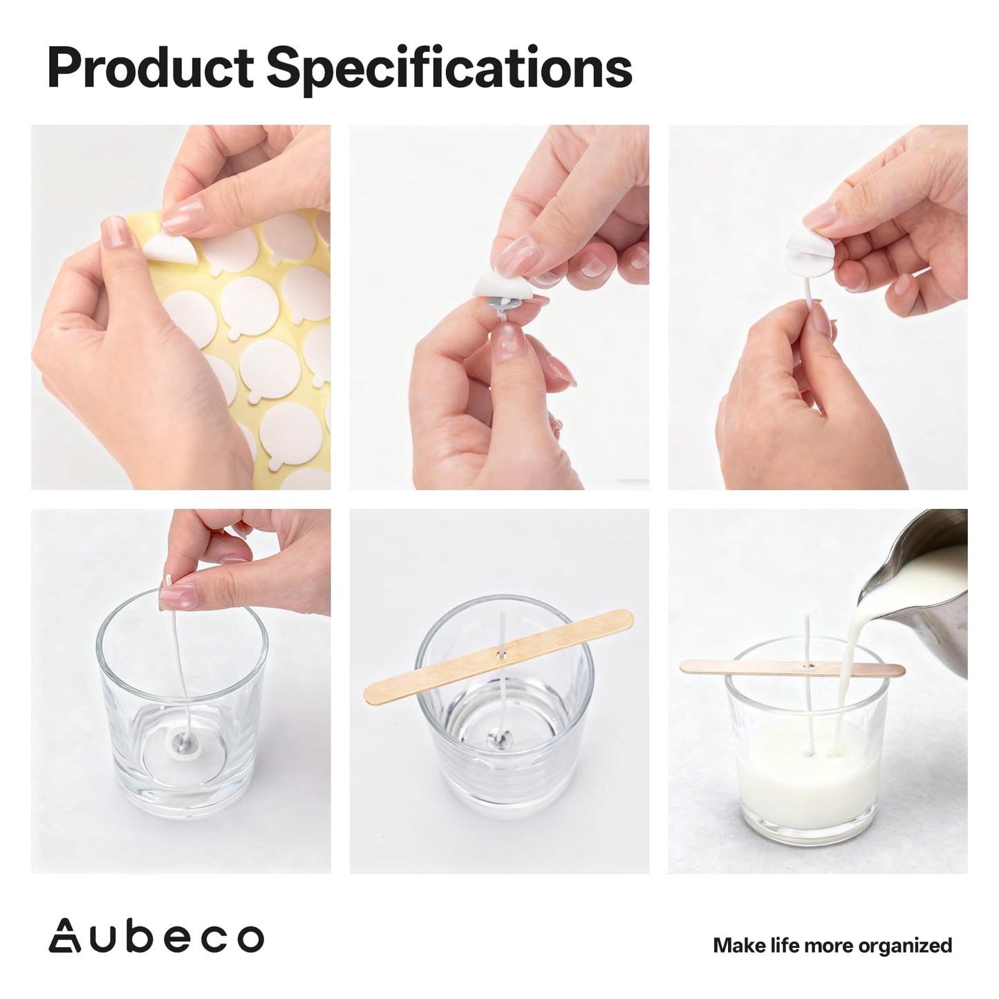 Aubeco 160Pcs 4/6/8 inch Pre Waxed Candle Wick with 160pcs Wick Stickers and 10Pcs Candle Wick Holders, Bulk Cotton Candle Wicks for Candle Making, Soy Wax