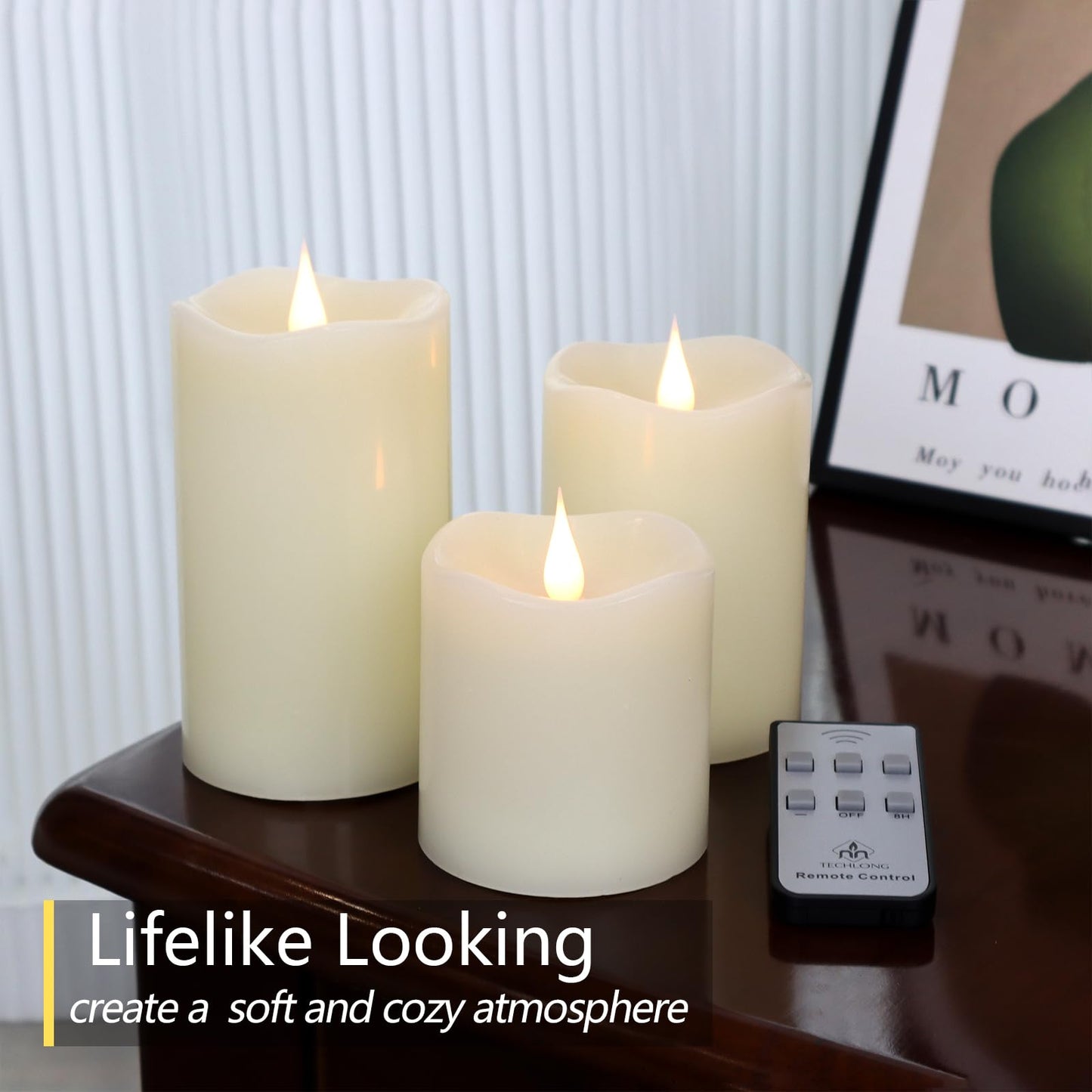 TECHLONG Flameless Candles Battery Operated with Remote Timer, 3D Moving Flame Flickering, Last 600+ Hours Battery Candles, Set of 3 Ivory Real Wax Electric LED Candle for Wedding Party Decor