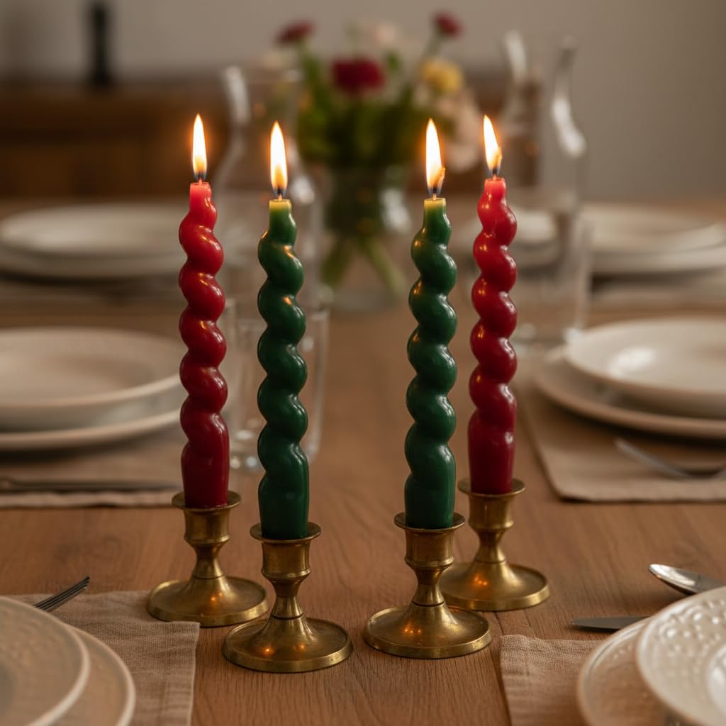 7.5 Inch Red and Green Spiral Taper Candles Set of 4, Handmade Unscented Twisted Dinner Candles for Candlestick Holders, Christmas Wedding Table Decor