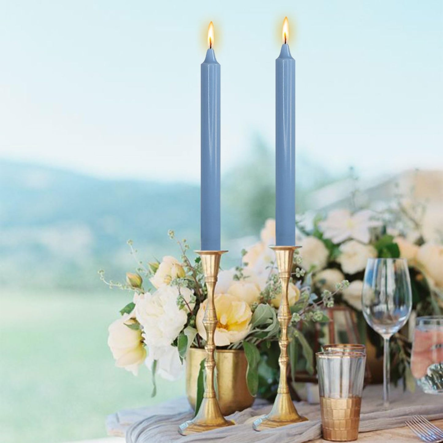 NJAO HOO Grey Blue Candlesticks 10 Inch Handmade Dripless Taper Candles Unscented Colored Candle Set, Pack of 4 - Up to 9-11 Hours Burn