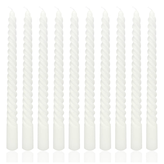 10 Inch White Spiral Taper Candle Set, 10 Pack Unscented Dripless Candlesticks for Christmas Dinner Parties Brithday Wedding and Home Decor