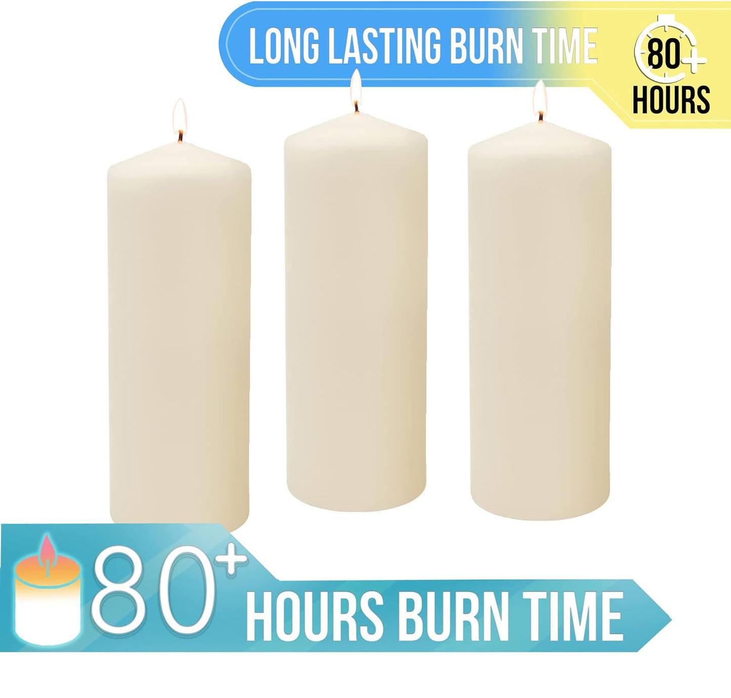 Stonebriar Unscented Pillar Candles – 80 Hour Burn Time, Long-Lasting Wax Candles for Weddings, Holidays, Home Décor & Special Events, Pack of 3, Ivory, 3" x 8"