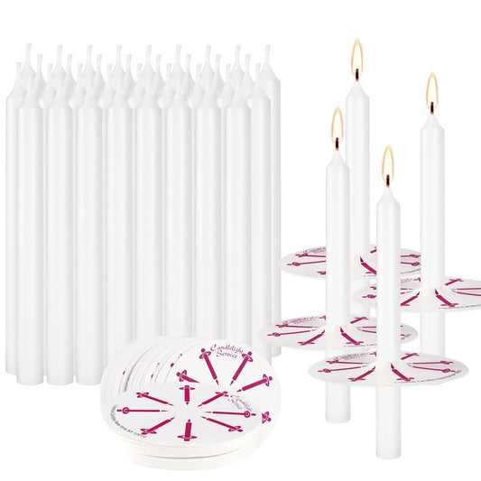 50 Pieces 5-Inch White Unscented Taper Candles with Drip Protectors for Church, Prayer, Shabbat, and Vigil Use