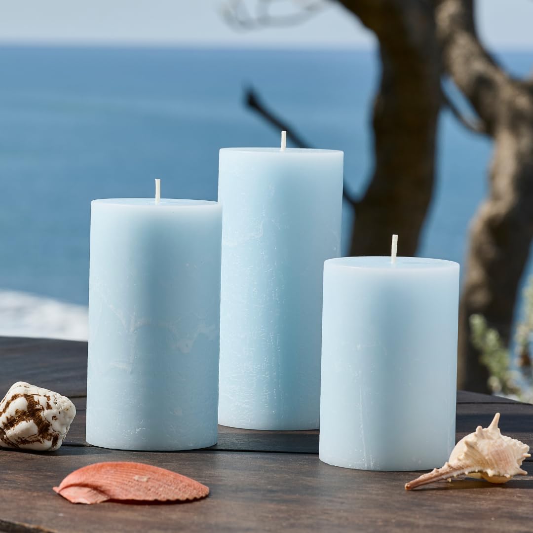 Becky Home Blue Scented Pillar Candles Set of 3, 3x4, 3x5, 3x6 Light Blue Candles, Sea Salt and Driftwood Pilar Scented Candle, Ideal as Wedding, Parties, Spa, Dinner, Home Decor, Church