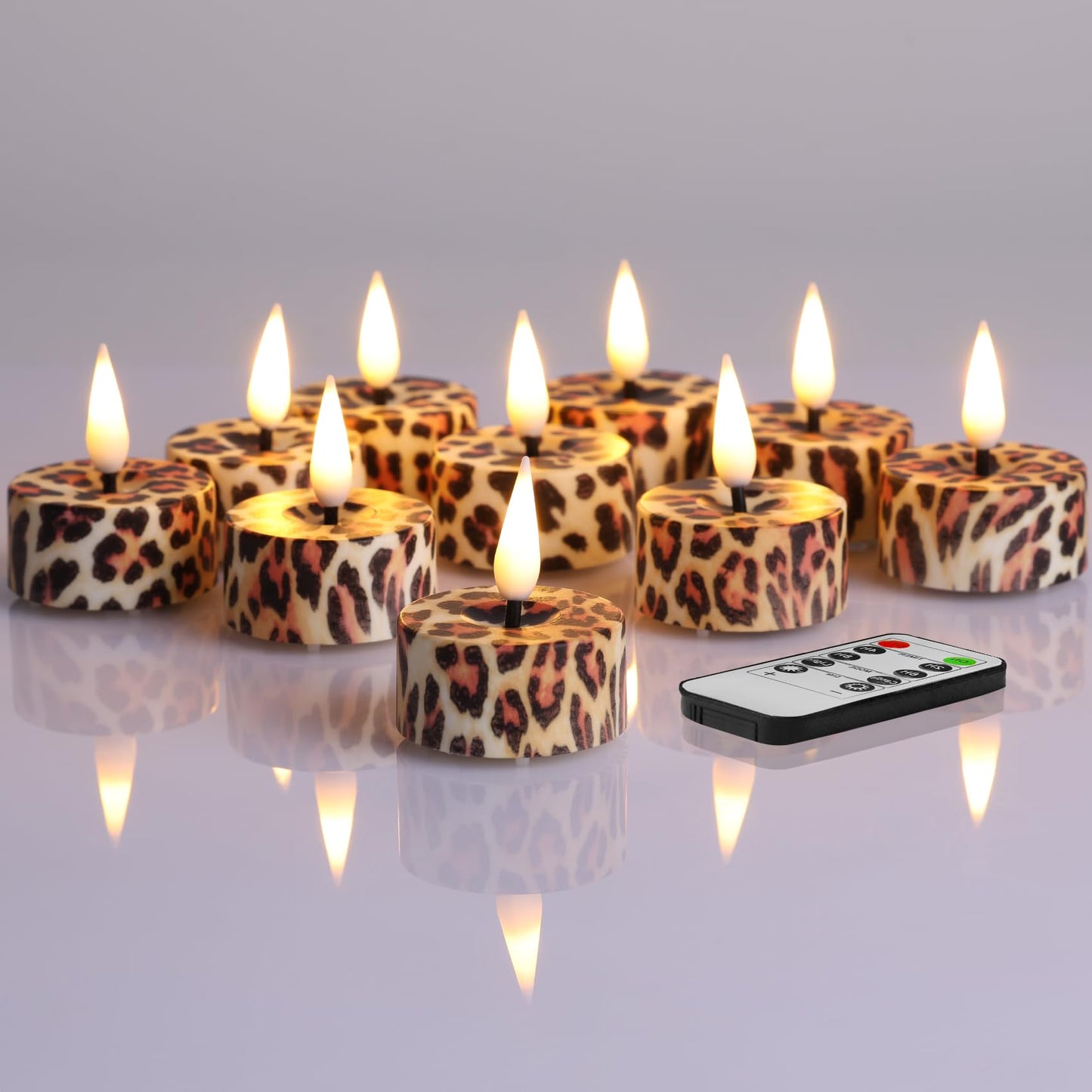 Eywamage Leopard Flameless Tealights with Remote Batteries, Flickering Cheetah LED Tea Votive Candles Set of 12