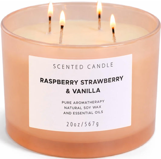 Raspberry Strawberry Vanilla Scented Candle | 4 Wick Extra Large Soy Candle 20 oz | Strong Scented Fruity Aromatherapy Candle for Women | Sweet Berry Vanilla Home Scent | Long Lasting Clean Burn