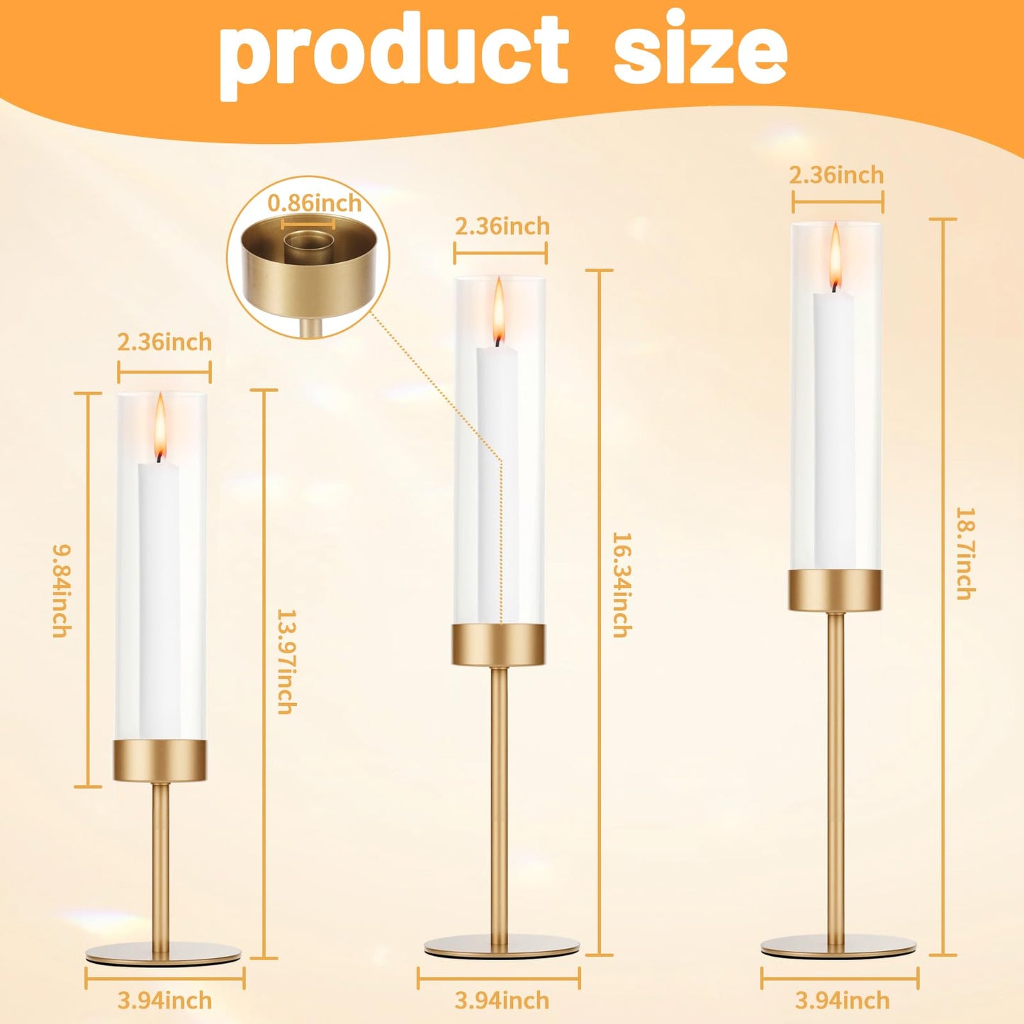 POKINE Set of 6 Gold Candle Holders, Tall Hurricane Candlestick Holders with Glass for Taper and Pillar Candles, Home Decor for Wedding, Christmas, Party, Anniversary, Dining Table