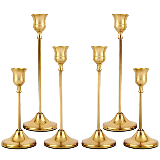 Set of 6 Gold Metal Taper Candlestick Holders Vintage Brass Home Decor for Dining Table Fireplace Mantel Wedding Christmas Thanksgiving Party Housewarming Gift with Exquisite Packaging