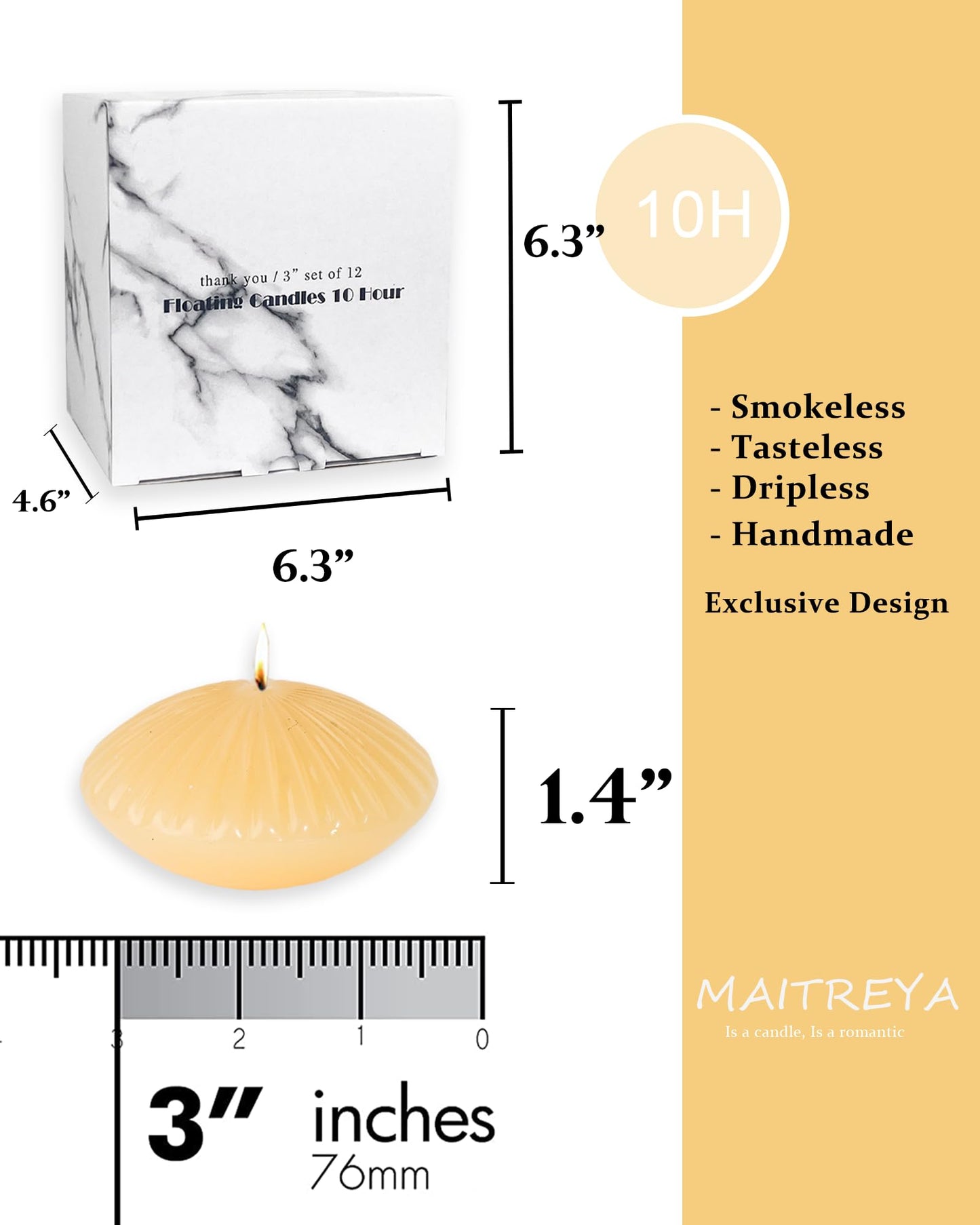 MAITREYA Ivory Large Floating Candles 3 Inch,Unscented Classic for Weddings,Parties,Special Occasions and Home Decorations,Set of 12
