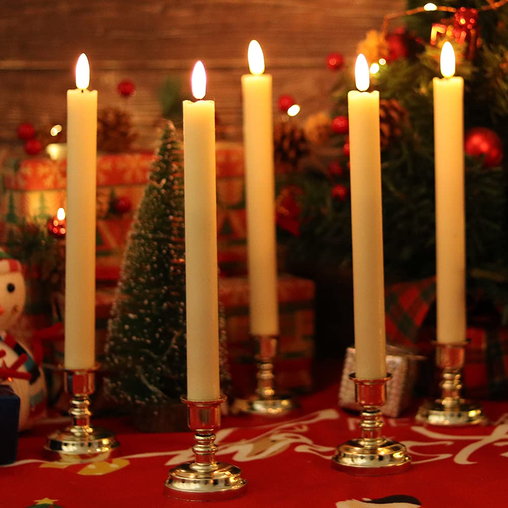 Wondise Flickering Taper Candles with Timer and Remote, 9 Inch Battery Operated 3D Wick Real Wax Ivory Candles for Wedding Party Christmas Decoration, Set of 6(D0.8 x H9.6 Inch)