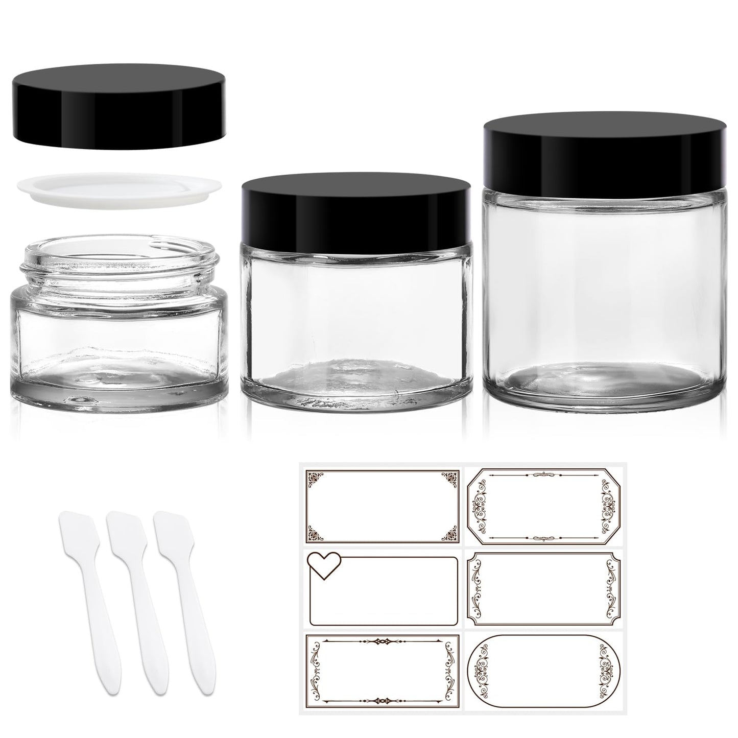 3 Pack Clear Glass Jars with Lids, 4 oz, 2 oz & 1 oz Thick Cosmetic Jars with Inner Liners, BPA Free Leak-Proof Refillable Containers for Lotion, Candle Making, Cream, Scrubs, Travel
