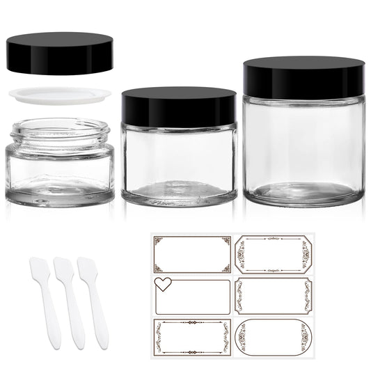 3 Pack Clear Glass Jars with Lids, 4 oz, 2 oz & 1 oz Thick Cosmetic Jars with Inner Liners, BPA Free Leak-Proof Refillable Containers for Lotion, Candle Making, Cream, Scrubs, Travel