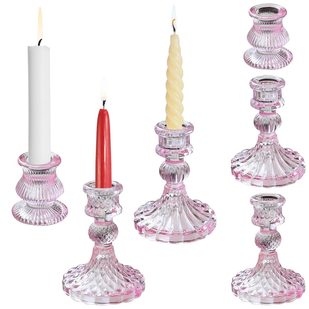 Glass Candlestick Holders Set of 6, Taper Candle Holder for Wedding Festival Christmas Party Valentine's Decor, Table Centerpieces (Pink)