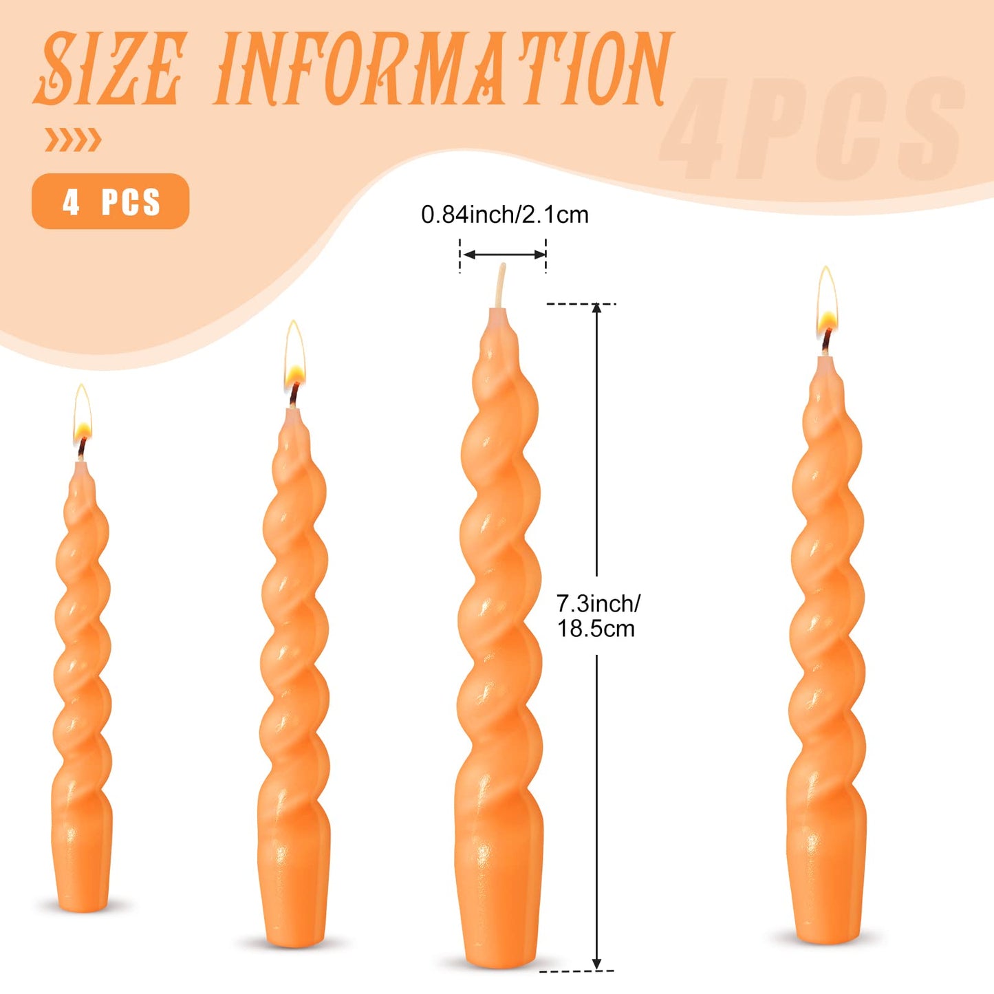 Zhengmy 4 Pcs Orange Spiral Taper Candle 7 Inch Twisted Long Wax Dinner Candlestick for Fall Halloween Christmas Holiday Valentines Wedding Birthday Baby Shower Table Decor(Solid)