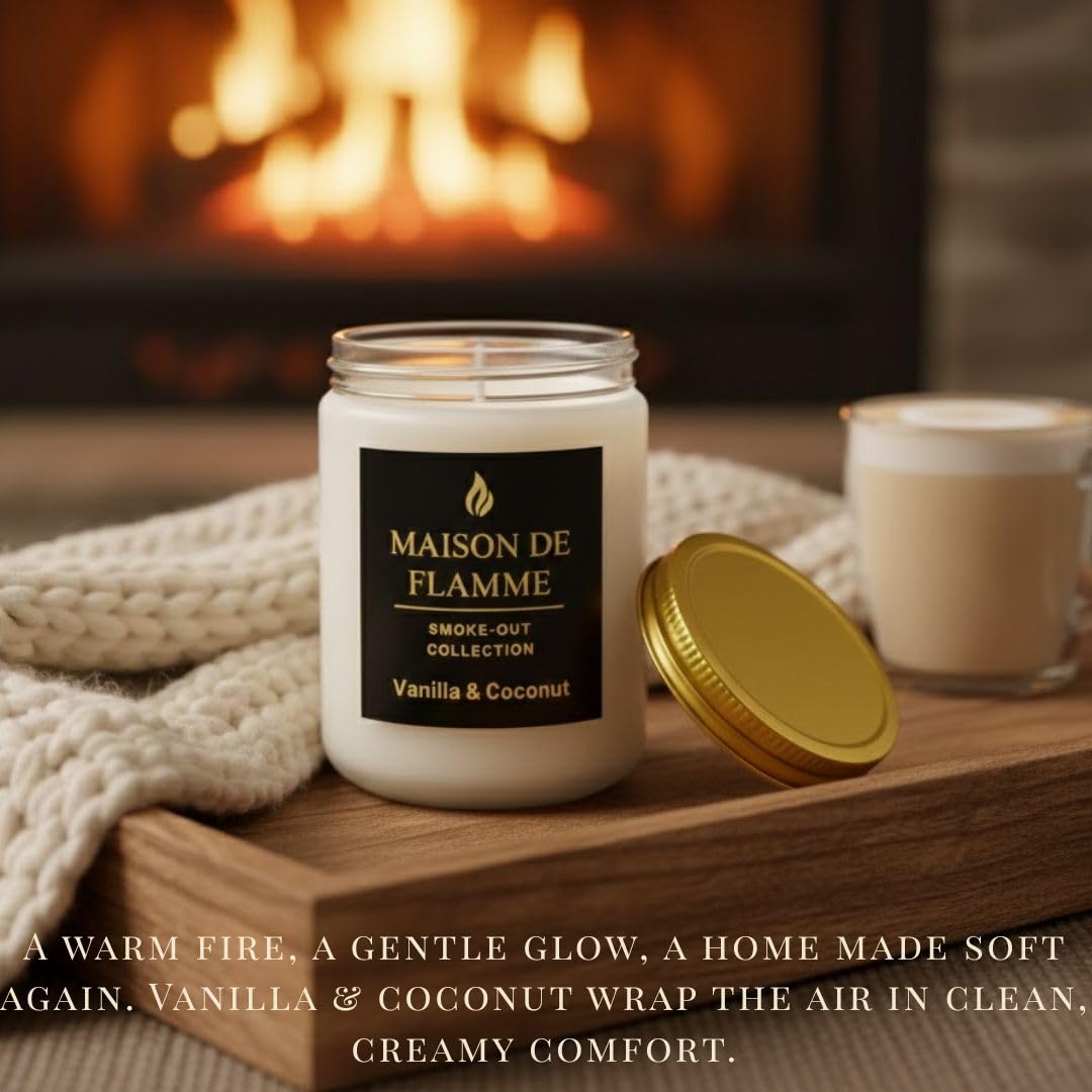 MAISON DE FLAMME Vanilla & Coconut Odor-Eliminating Scented Candle (White Jar, 200g/7oz) | Long-Lasting Premium Soy Wax Candle for Smoke, Kitchen & Pet Odors