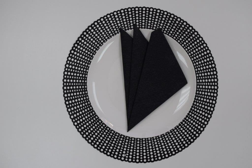 16" Round Placemats (Set of 4), 12 Prefolded 3 ply Napkins, 2 Matching Taper Candles, 2 Glass Candle Holders (Black)