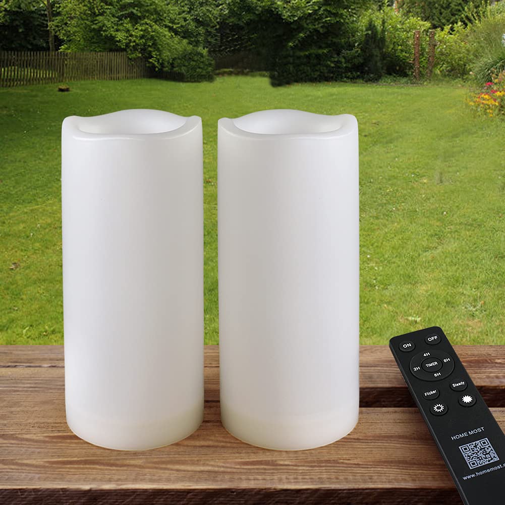 HOME MOST Pack of 2 Outdoor LED Pillar Candles 3x7 White with Timer and Remote - IP65 Waterproof Battery Operated LED Pillar Candles - Flickering Flameless Candle Unscented for Outside