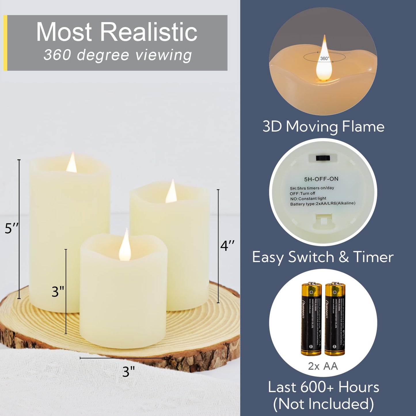 TECHLONG Flameless Candles Battery Operated with Remote Timer, 3D Moving Flame Flickering, Last 600+ Hours Battery Candles, Set of 3 Ivory Real Wax Electric LED Candle for Wedding Party Decor