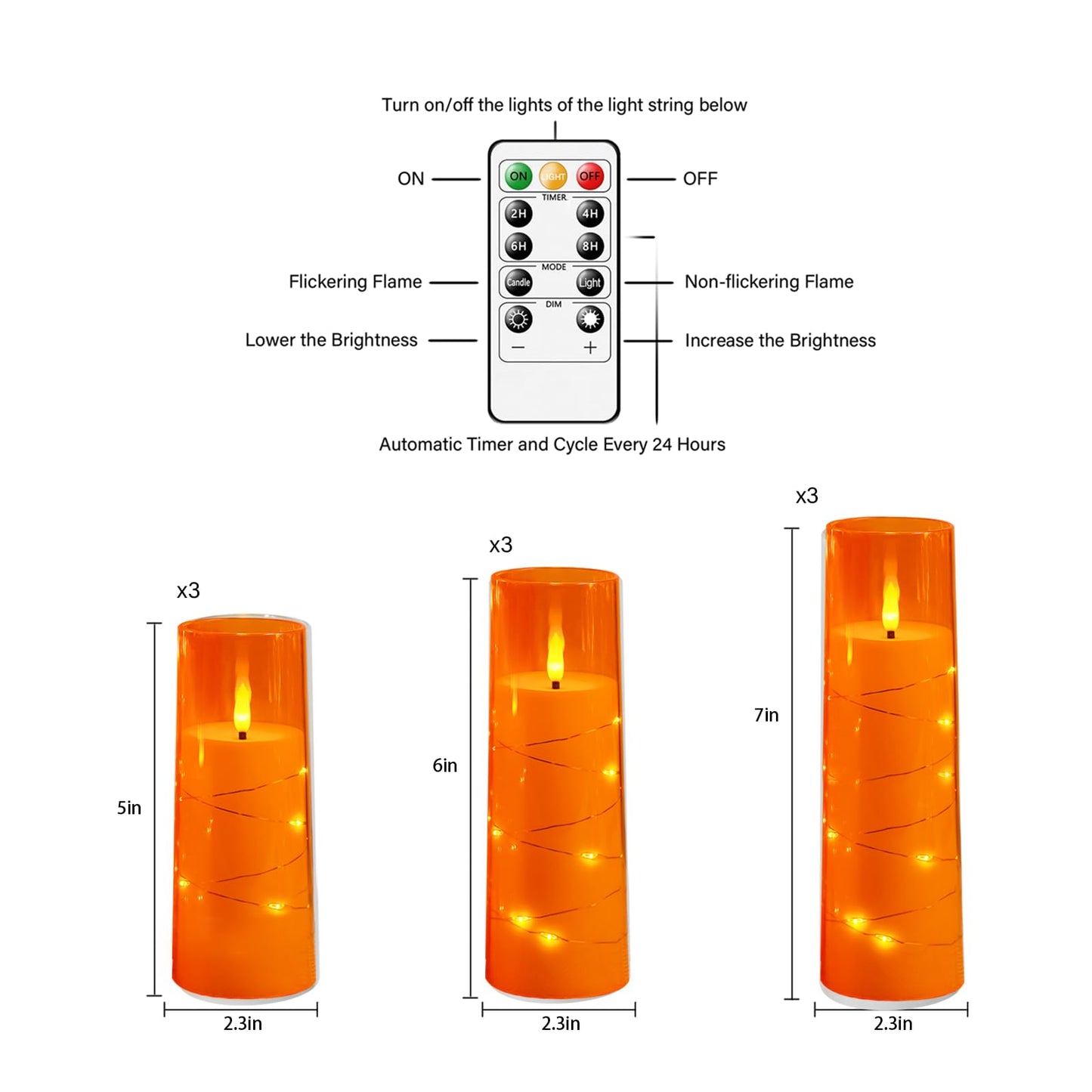 kakoya Flameless LED Candles with Timer 9 Pc Flickering Flameless Candles for Romantic Ambiance and Home Decoration Stable Acrylic Shell,with Embedded Star String，Battery Operated Candles（Orange）