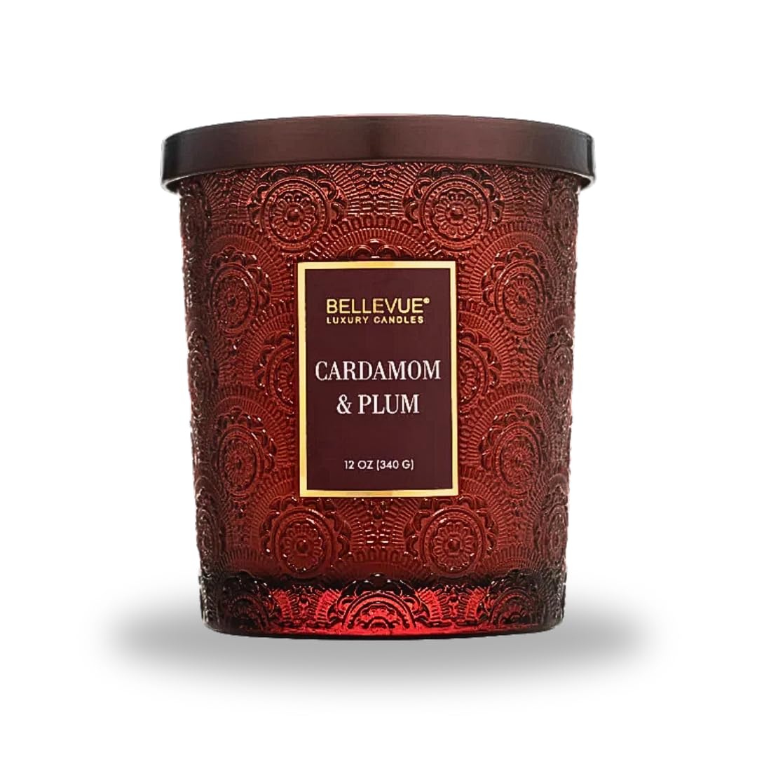 Cardamom & Plum Luxury Scented Candle – 12 oz | Soy Blend Wax | Dual Wick | Long-Lasting Warm & Spiced Home Fragrance | Embossed Glass Jar with Metal Lid