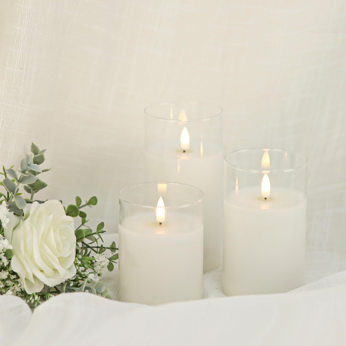 Mingfuxin Clear Glass Flickering Flameless Candles with Remote, White Wax Battery Operated LED Pillar Candle with Timer for Party Wedding Decoration, Set of 3