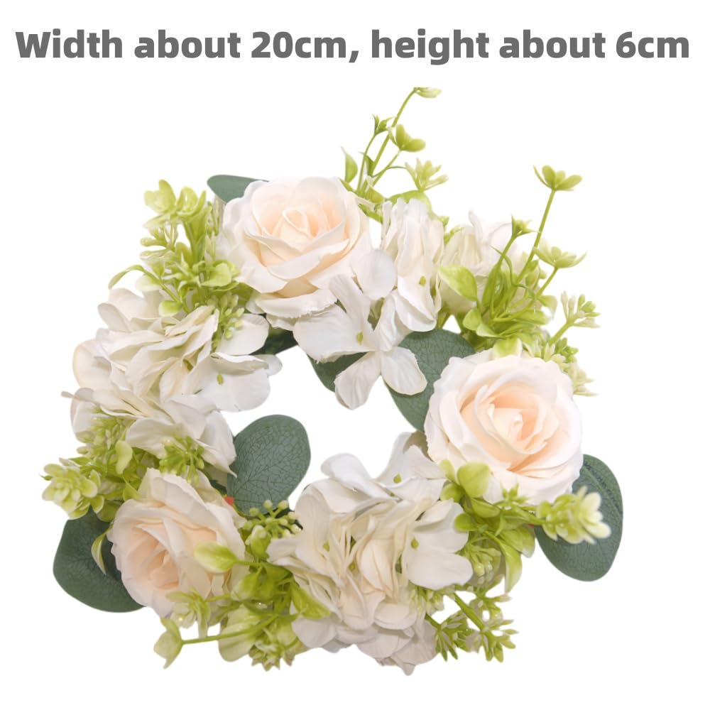 4 Pcs Candle Rings Wreaths,Artificial Hydrangea Wreath Candles Wreaths for Pillars Christmas Wedding Home Table Party Decoration (White)