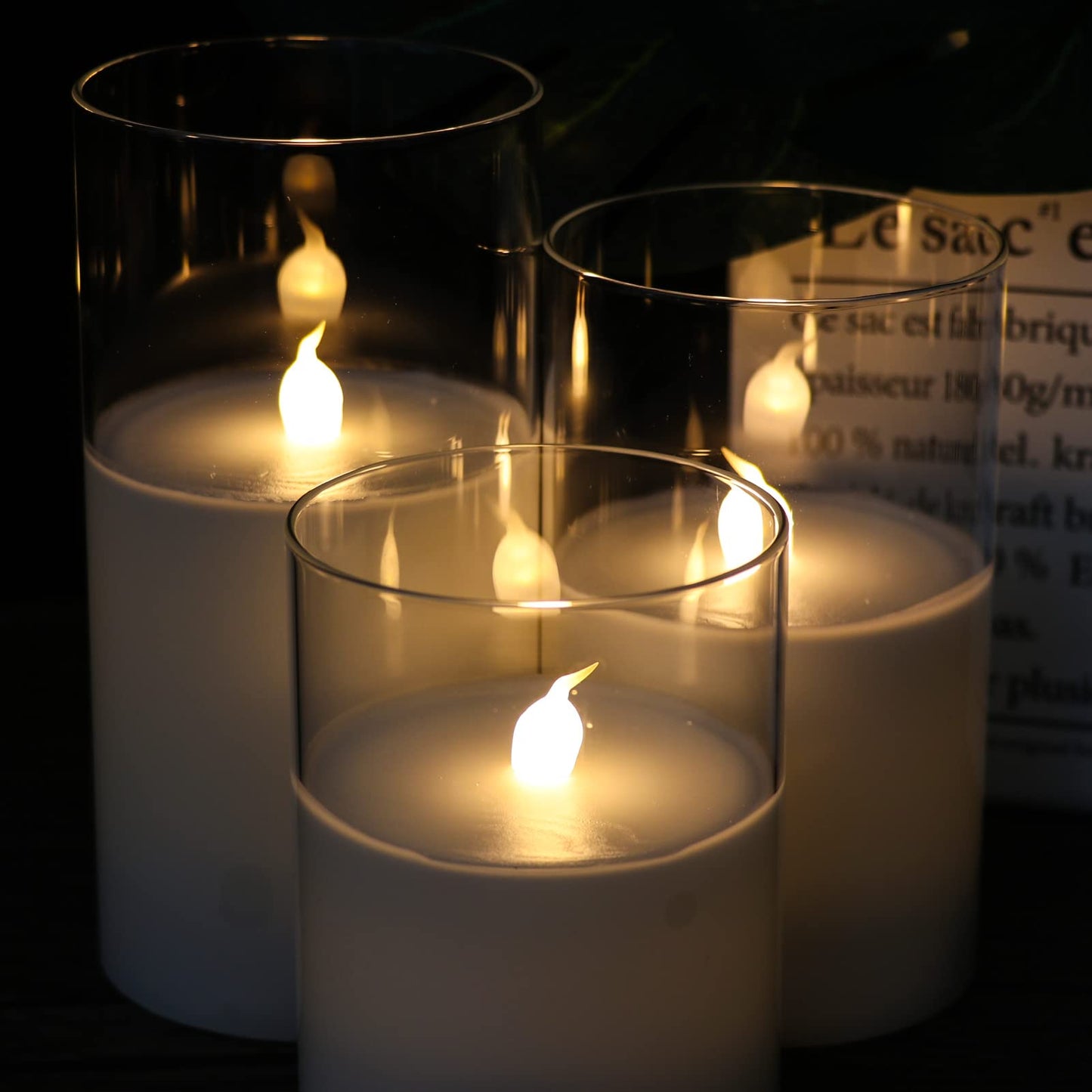 GenSwin Clear Glass Battery Operated Flameless Led Candles with 10-Key Remote and Timer, Real Wax Candles Warm White Flickering Light for Home Decoration(Set of 3)