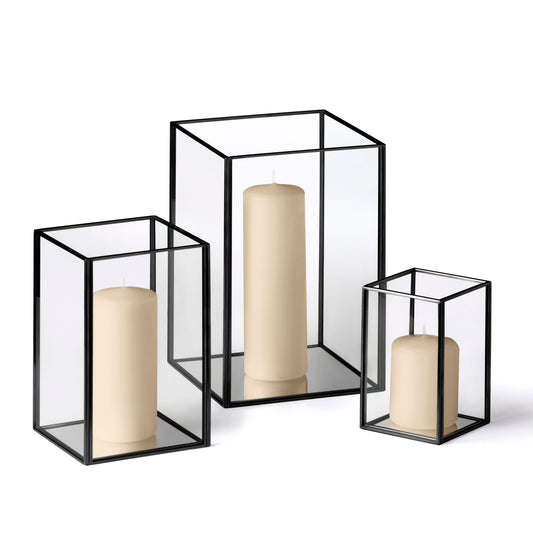 Yummi Set of 36 Slim Pillar Candles & Black Luxus Lanterns - Antique Beige