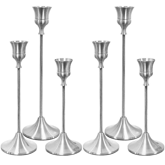 Qeiunuke Silver Vintage Metal Taper Candle Holders, Set of 6, Perfect for Wedding and Housewarming Gifts, Fireplace and Home Decoration