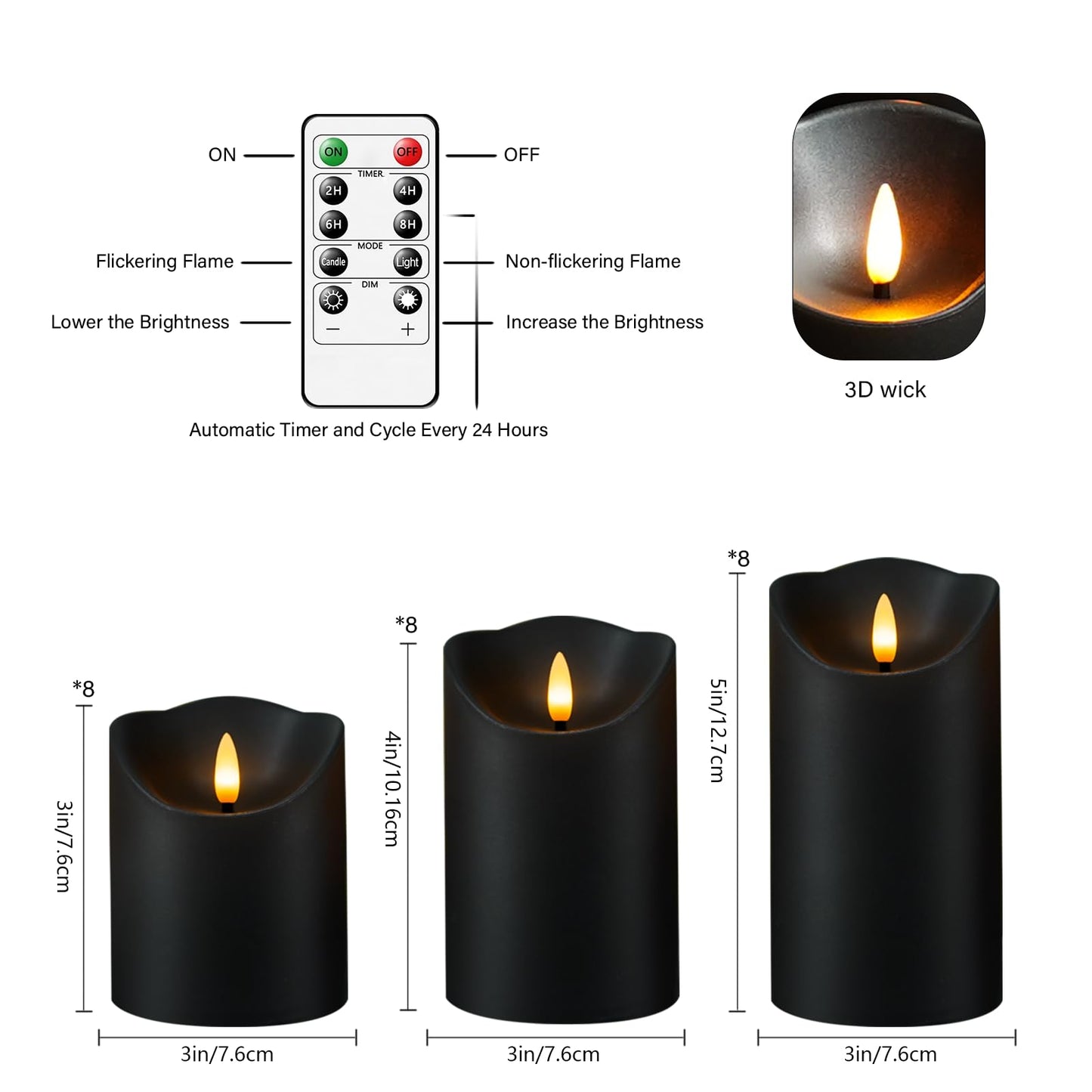 Nimiko Flameless Candles with Remote, Battery Operated Flickering Flameless Candles, LED Candles with Timer 2/4/6/8H, with Realistic LED Candles Set of 24 (D3 x H 3" 4" 5") (Black)