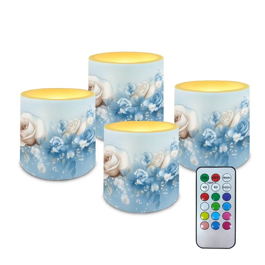 NETILGEN 3 inch Decorative Flameless LED Candles with Remote Timer Control Set of 4 Realistic Flickering Flameless Candles with Battery Powered Vintage Blue Flowers Print