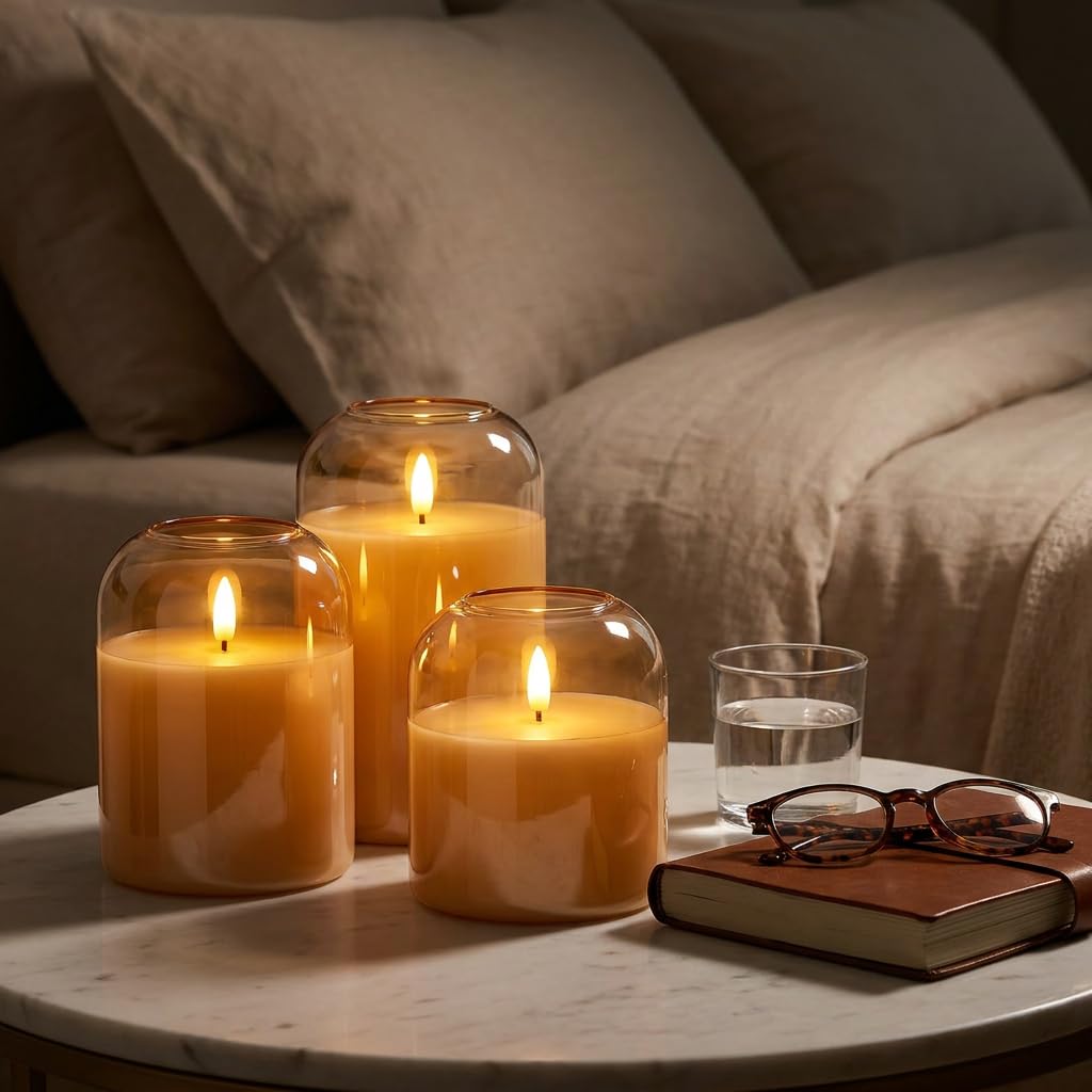 ARIKJ Amber Glass Flameless Candles with Remote, 3-Pack LED Pillar Candles for Classy Fall Decor, Modern Aesthetic Room, Thanksgiving Centerpiece, Boho Shelf, Mantel & Coffee Table