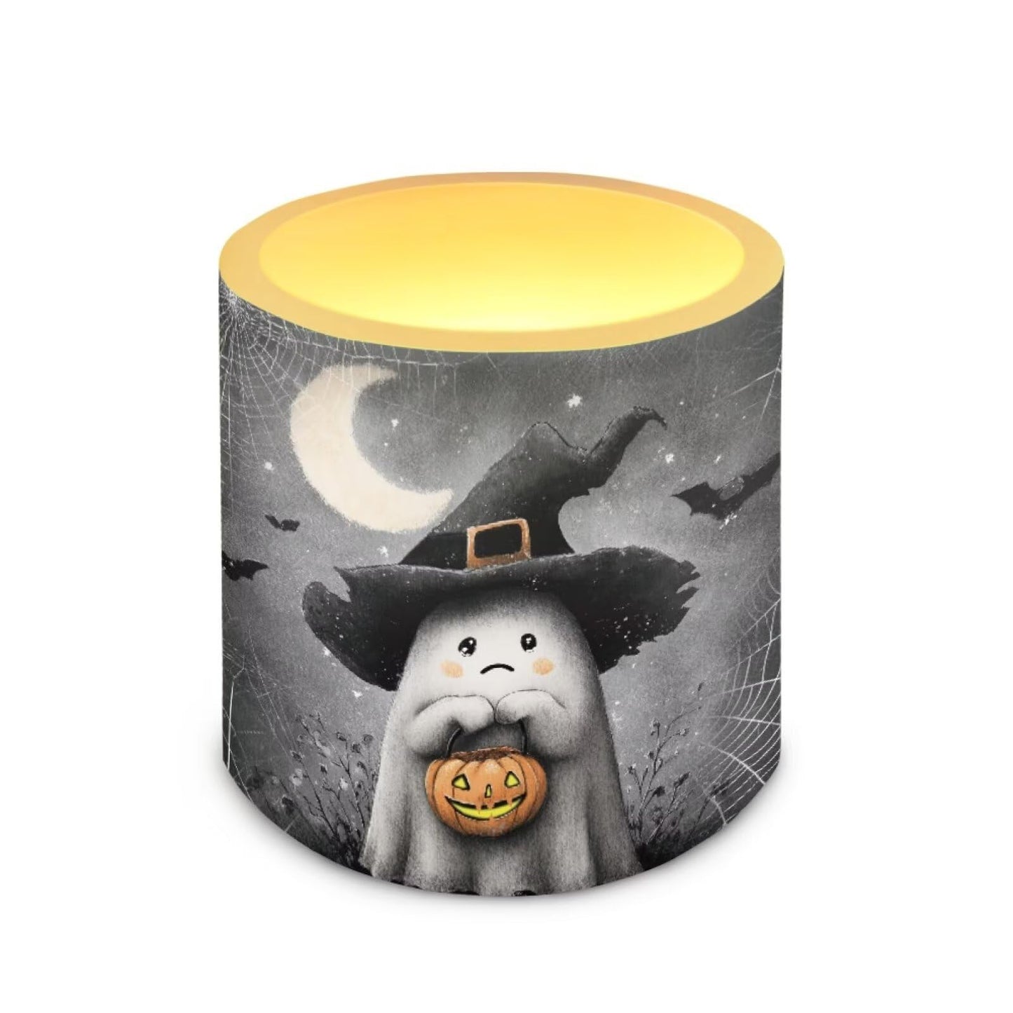 Merkmak Halloween Flameless Candles with Remote Battery Operated Candles with Timer Flickering LED Battery Operated Elictric Pillar Tealights for Home Decorations, Moon Ghost Spider Web