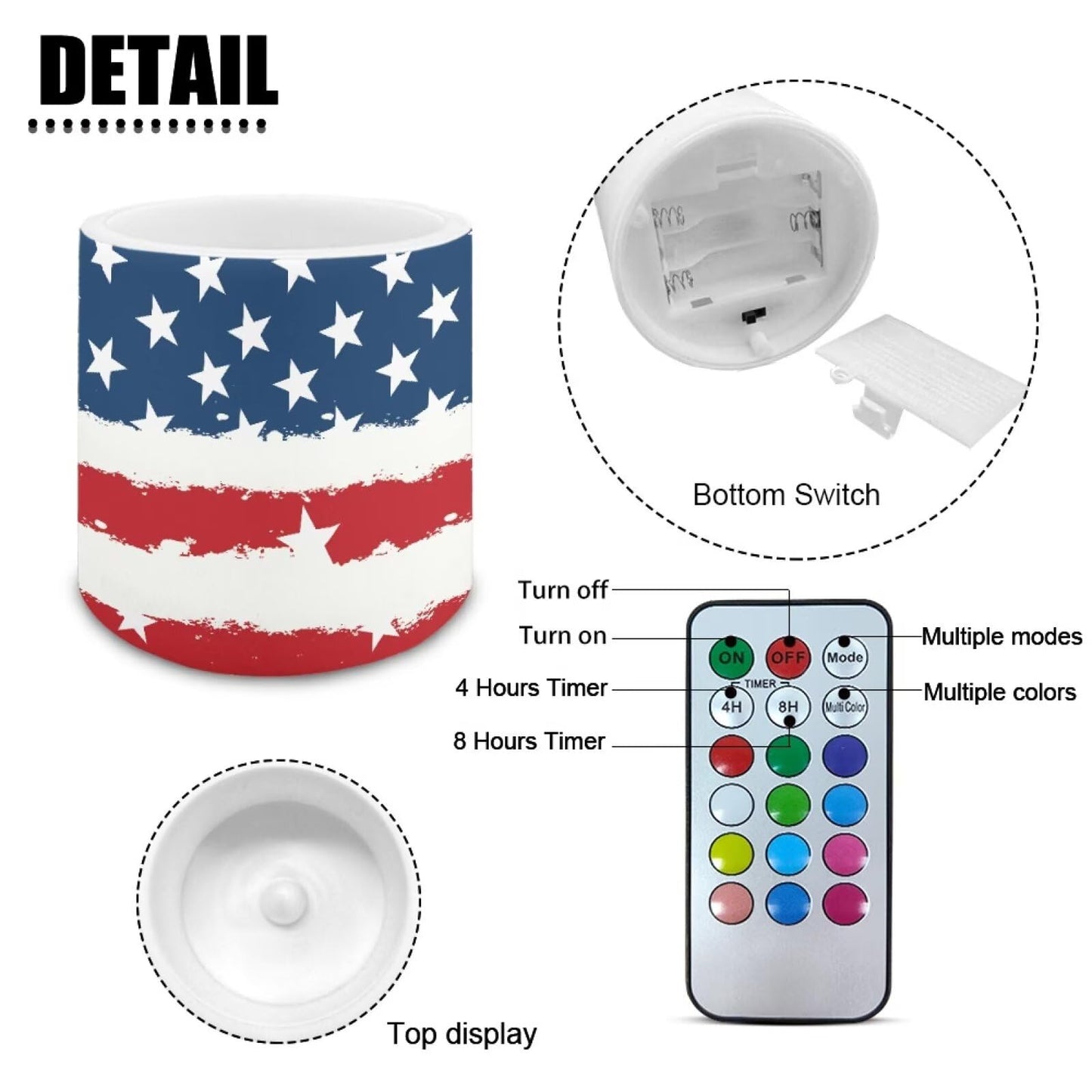 NETILGEN Novelty American Flag Theme 4 Pieces Flameless Candles with Remote Timer Battery Operated LED Flickering Candles for July 4th Patrotic Independence Day Decor