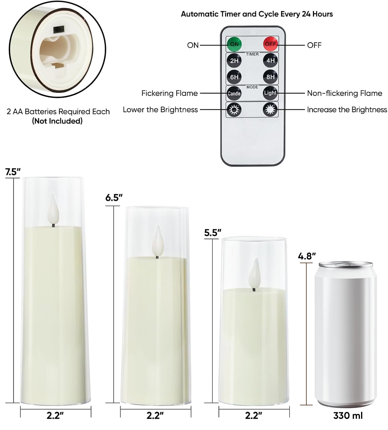Amagic Ivory Flameless Candles with Remote, Battery Operated Candles with Timer, Acrylic Plexiglass Flickering LED Fake Candle for Wedding, Holiday, Home Decor, Set of 9, D2.2 x H5 6" 7"