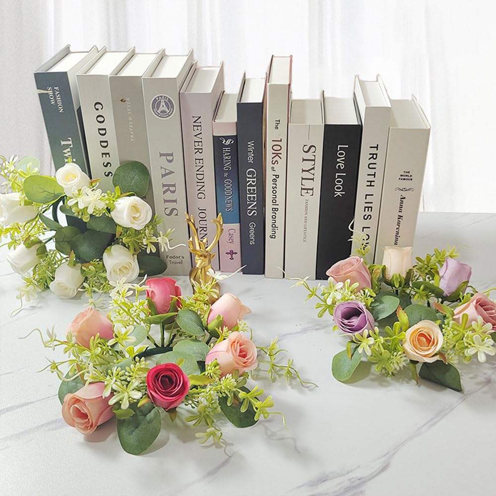 JOYWU 4-Pack Faux Rose Candle Rings, 9 in Artificial Flower Candle Wreaths with Pink Roses & Greenery, Floral Centerpiece Decor for Table, Fireplace Mantel, Wedding, Valentine's Day