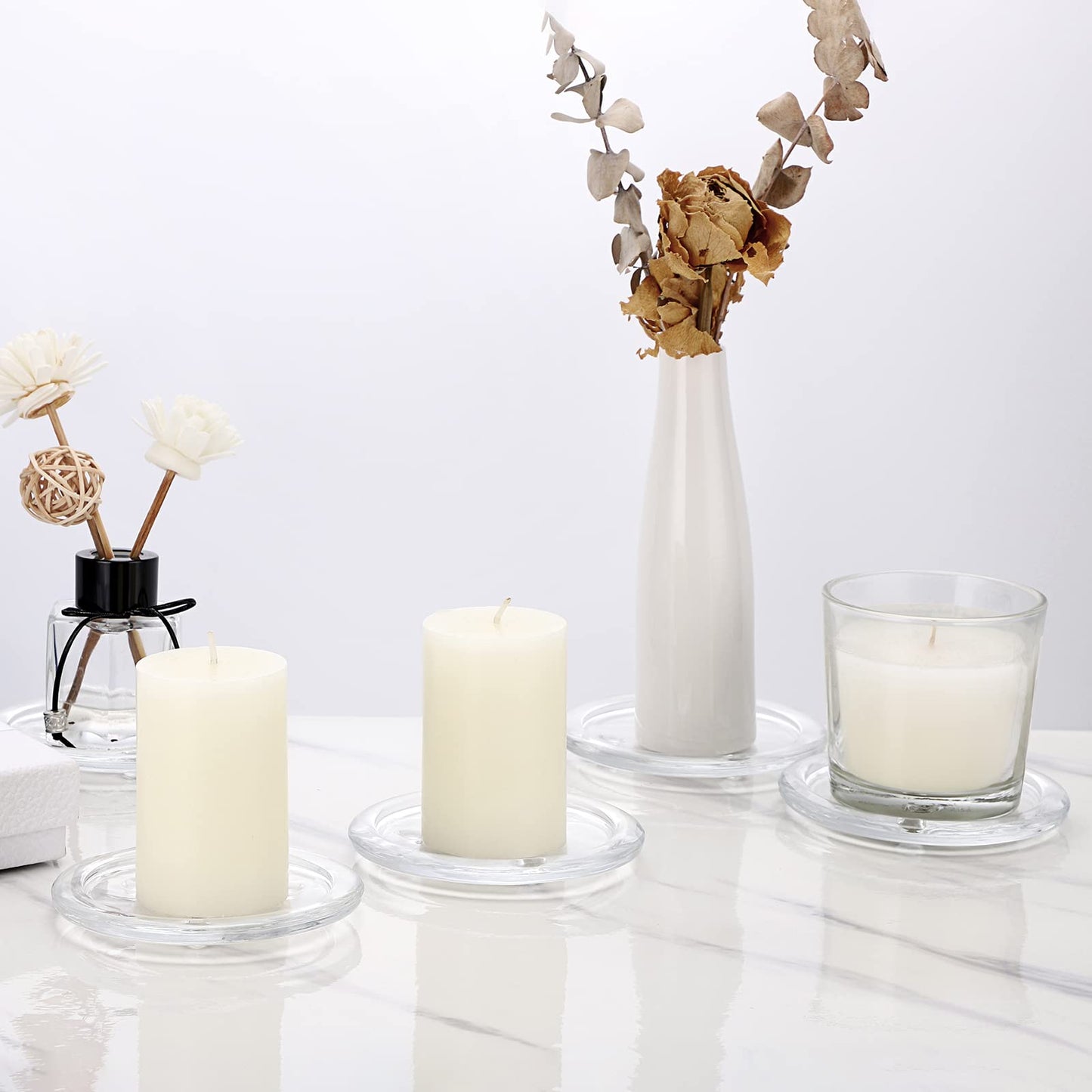 OwnMy 5PCS Clear Glass Candle Plates 3 Inch Pillar Candle Holders, Glass Coasters Small Round Candle Base & Plates and Trays for Dining Wedding Table Centerpieces