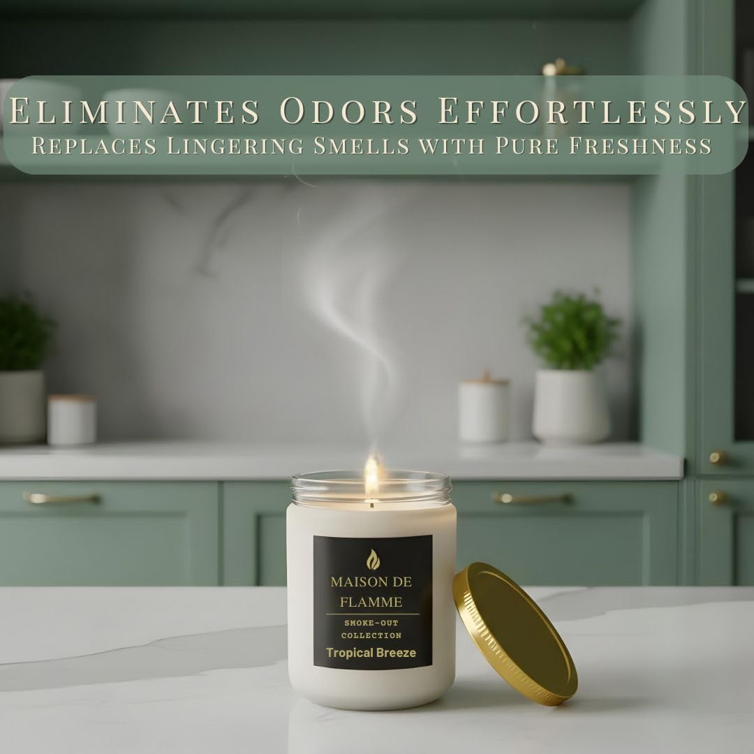 MAISON DE FLAMME Tropical Breeze Odor-Eliminating Scented Candle (White Jar, 200g/7oz) | Long-Lasting Premium Soy Wax Candle for Smoke, Kitchen & Pet Odors